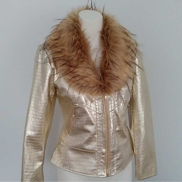 V Cristina Jackets & Blazers - V Cristina Moto Jacket Gold Faux Fur and Leather